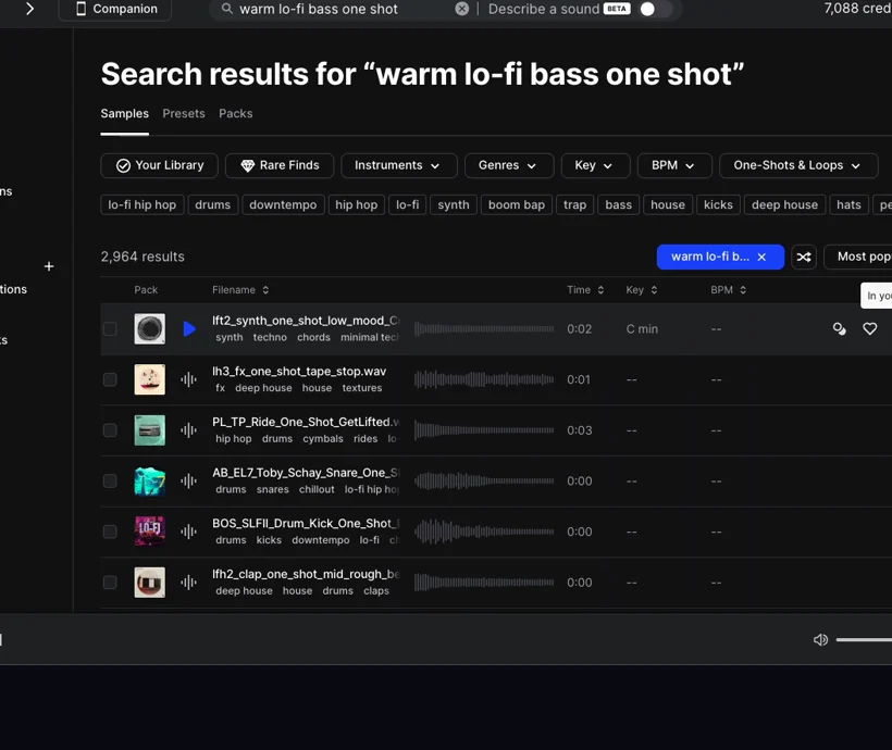 Splice DesktopでLo-Fi向けワンショットを検索している実画面